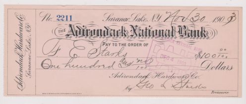 USA Adirondack National Bank, Saranac Lake N.Y, used order 30th Nov 1903, black on pink, printer