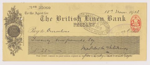 British Linen Bank, Paisley, used order RO 10.10.11, black on yellow, printer Banks & Co Ltd