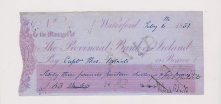 The Provincial Bank of Ireland, Waterford, used bearer 1851 no duty stamp, lilac on blue printer