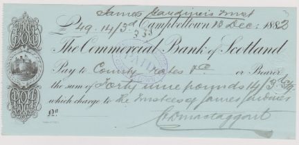 Commercial Bank of Scotland Campbeltown, used bearer CO 2.8.80, Vig. Castle, printer Banks & Co.,