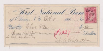 The First National Bank of Olean N.Y., used order Oct 5 1898, blue on white, 2c documentary AD