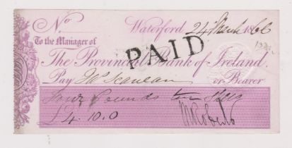 The Provincial Bank of Ireland, Waterford, used bearer CO1.4.65, lilac on white, printer Perkins