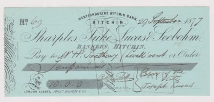 Sharples, Tuke, Lucas & Seebohm 1877, cheque order, Hitchin Branch, black on green order