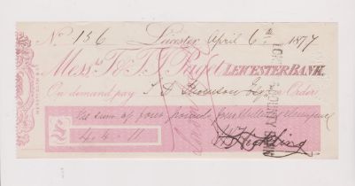 T & T.T. Paget Leicester Bank 1877 cheque for £1,320 pounds, pink and white, order