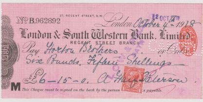 London & South Western Bank Limited Regent Street Branch, used order RO 18.4.17, black on pink, plus