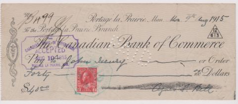 Canadian Bank of Commerce Portage La Prairie Man 1915, used order, black on cream, printed 191-