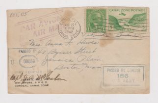 Canal Zone 1942 envelope front posted airmail to Boston cancelled 27.3.42 Corozal Canal Zone
