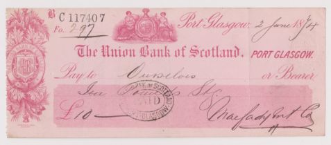 Union Bank of Scotland, Port Glasgow, used bearer CO 26.12.73, red on pink Vig Arms printer