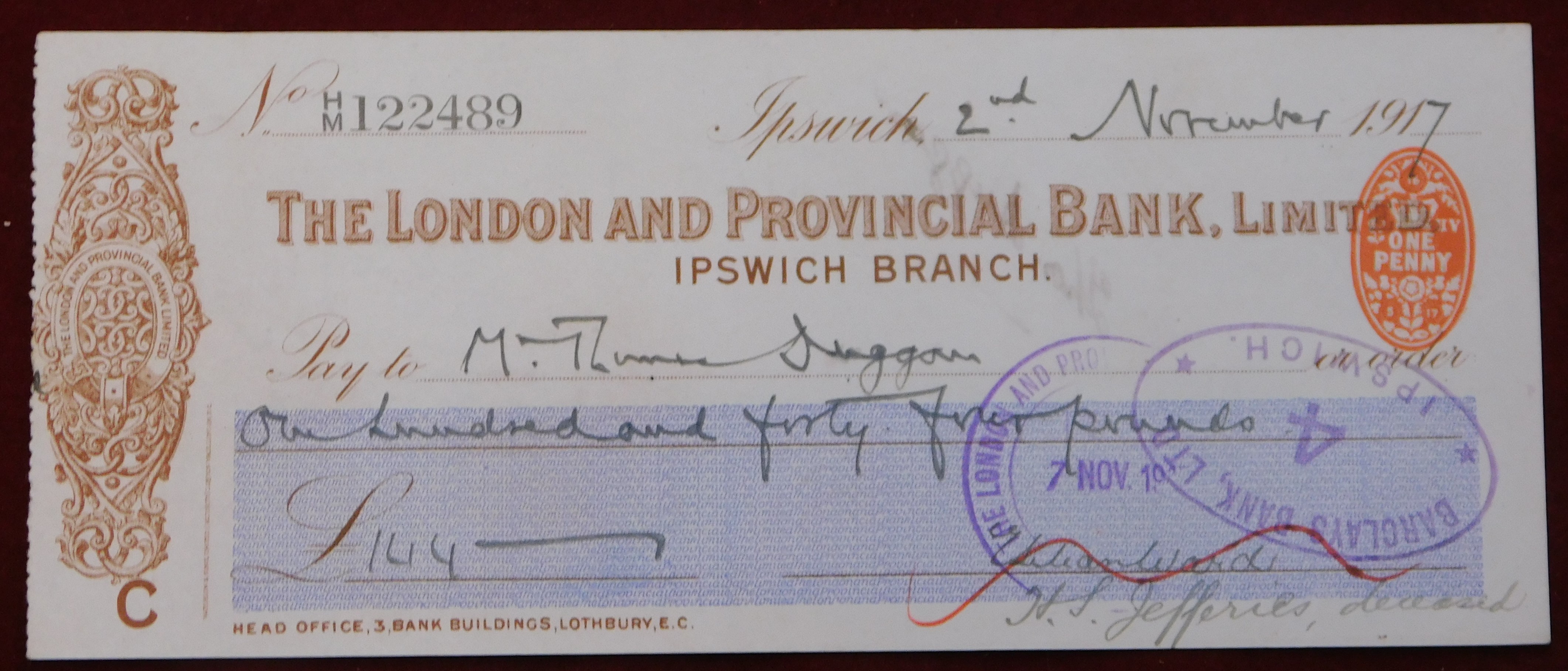 London & Provincial Bank Ltd, Ipswich, used order RO 16.5.17 brown on white blue panel printer - Image 4 of 4