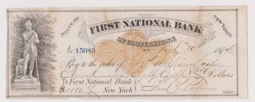 USA First National Bank of Cooperstown state of N.Y. used order 30 March 1874, black on white, Vig