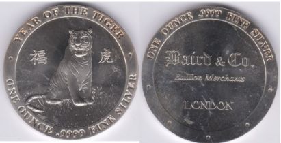 Medallion - Year of the Tiger 1oz .9999 fine silver, rev: 'Baird & Co, bullion merchants London'