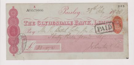 Clydesdale Bank Limited, Paisley, used bearer RO 12.9.99, red on Duck egg blue, printer none