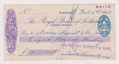 Royal Bank of Scotland, Airdrie, used order BO 22.11.44, purple on white, printer Banks & Co Ltd