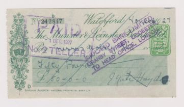 Munster & Leinster Bank Ltd, Waterford, used order GO 14.10.27 green on green, printer Purcell,