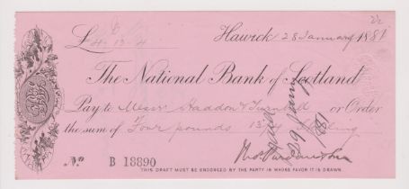 National Bank of Scotland, Hawick, used order CO 10.6.80, black on pink, printer Scott & Fergusons