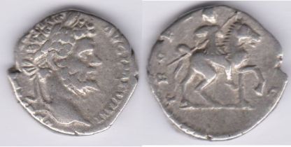 Roman - Septimius Severus Silver denarius, reverse: Severus on horseback prancing right holding