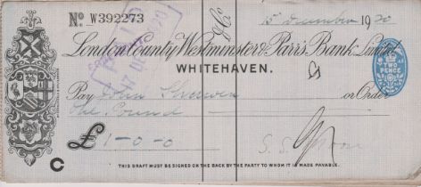 London County Westminster & Parrs Bank Ltd., Whitehaven, used order BO 27.4.20, black on blue