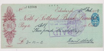 cheque North of Scotland Ltd, Edinburgh, used bearer BO 20.10.28, red-brown on blue, printer