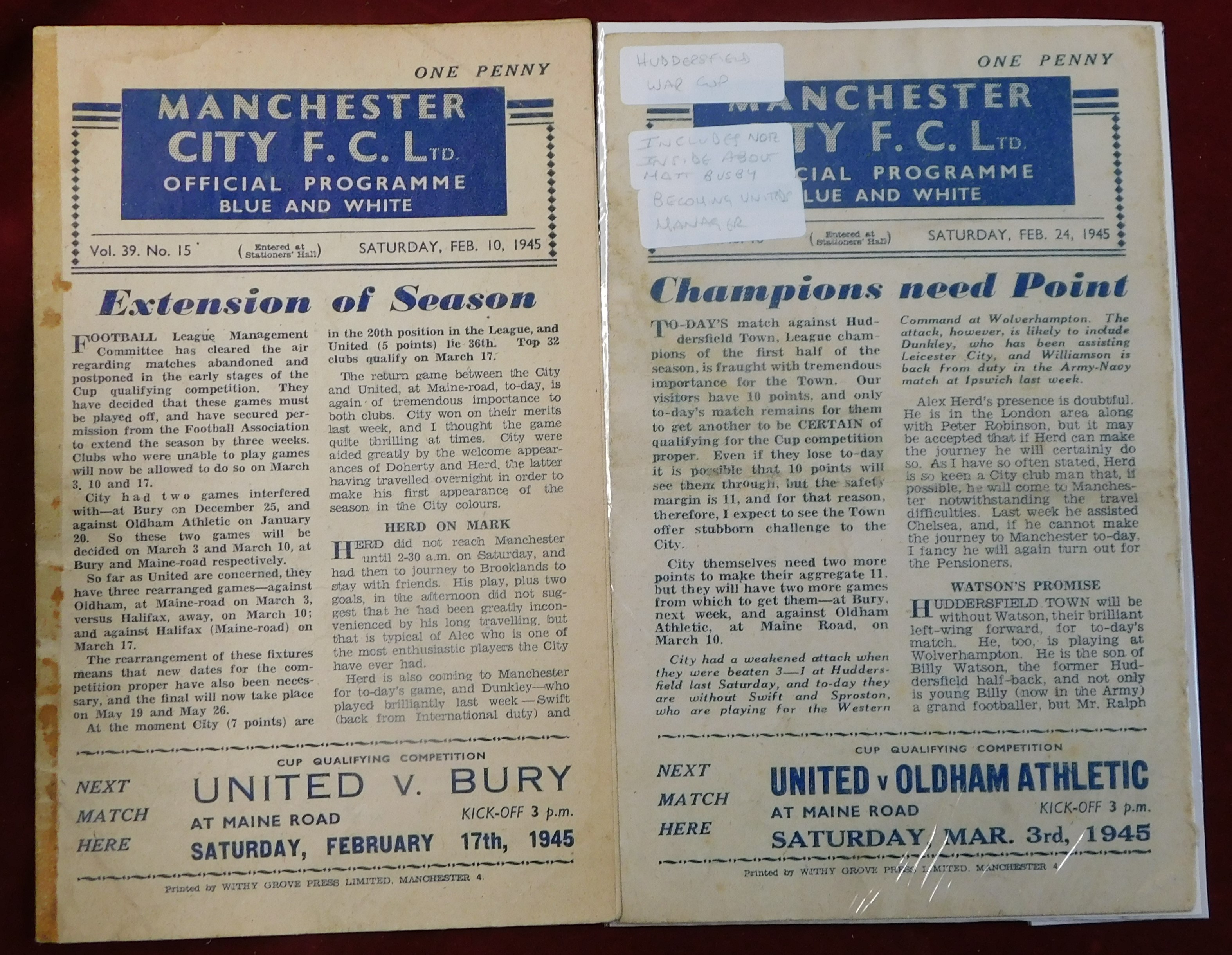 Manchester City home programmes both in the War Cup North from the 1944/45 season v Manchester