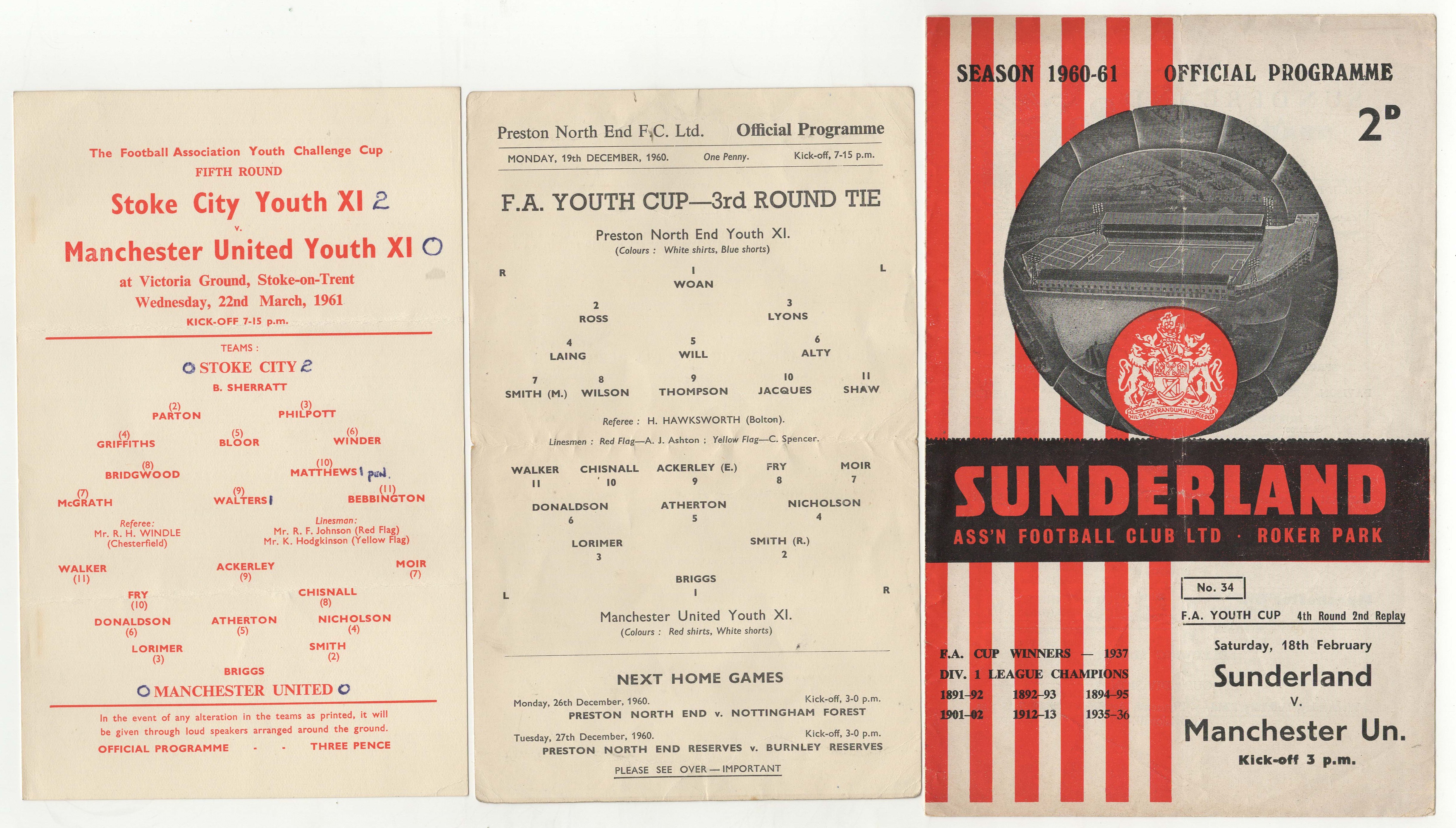 Manchester United away programmes from the FA Youth Cup in season 1960/61 v Preston (single card),