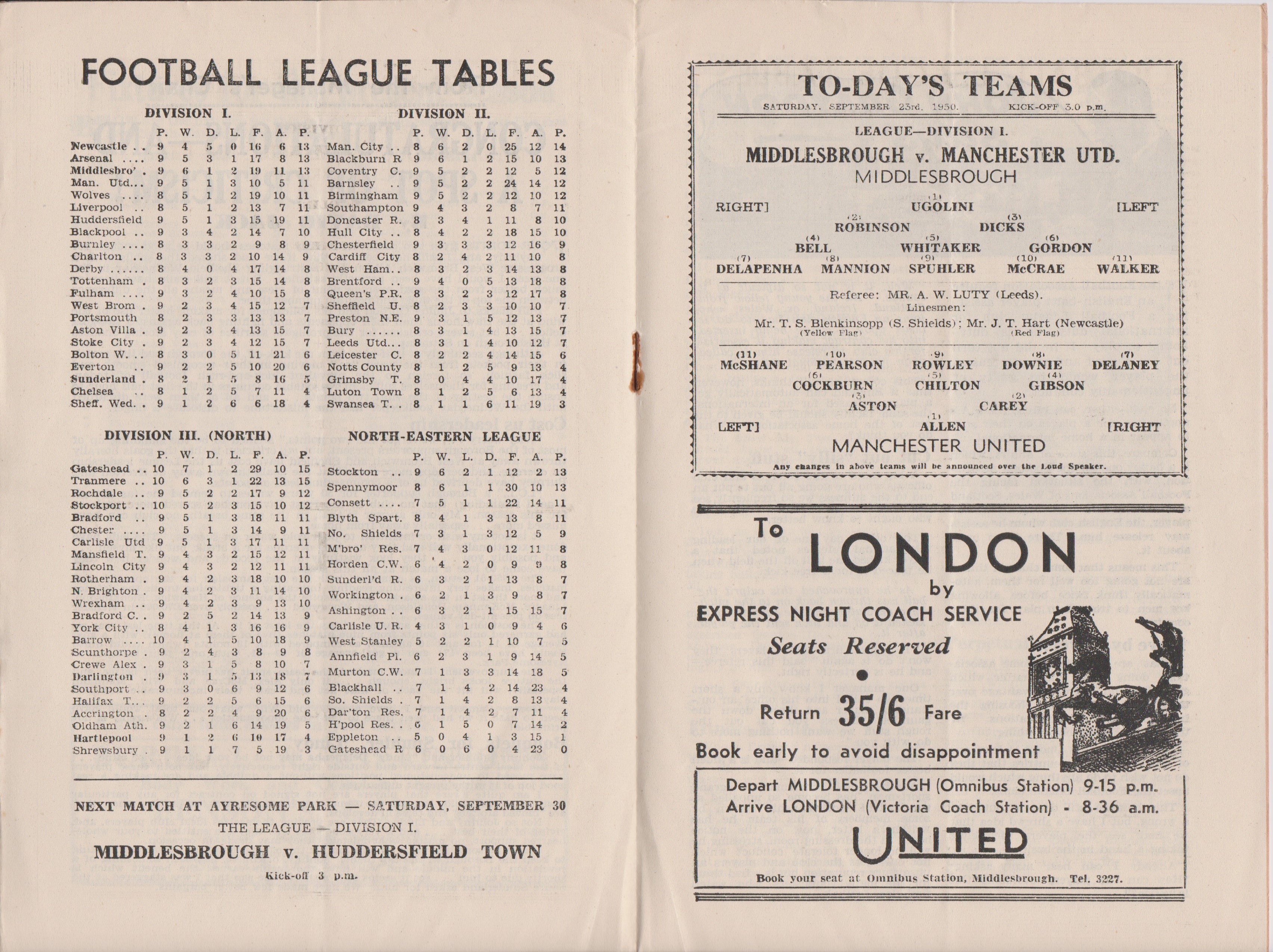 Programme Middlesbrough v Manchester United 23rd September 1950. No writing. Very light vertical - Image 2 of 2