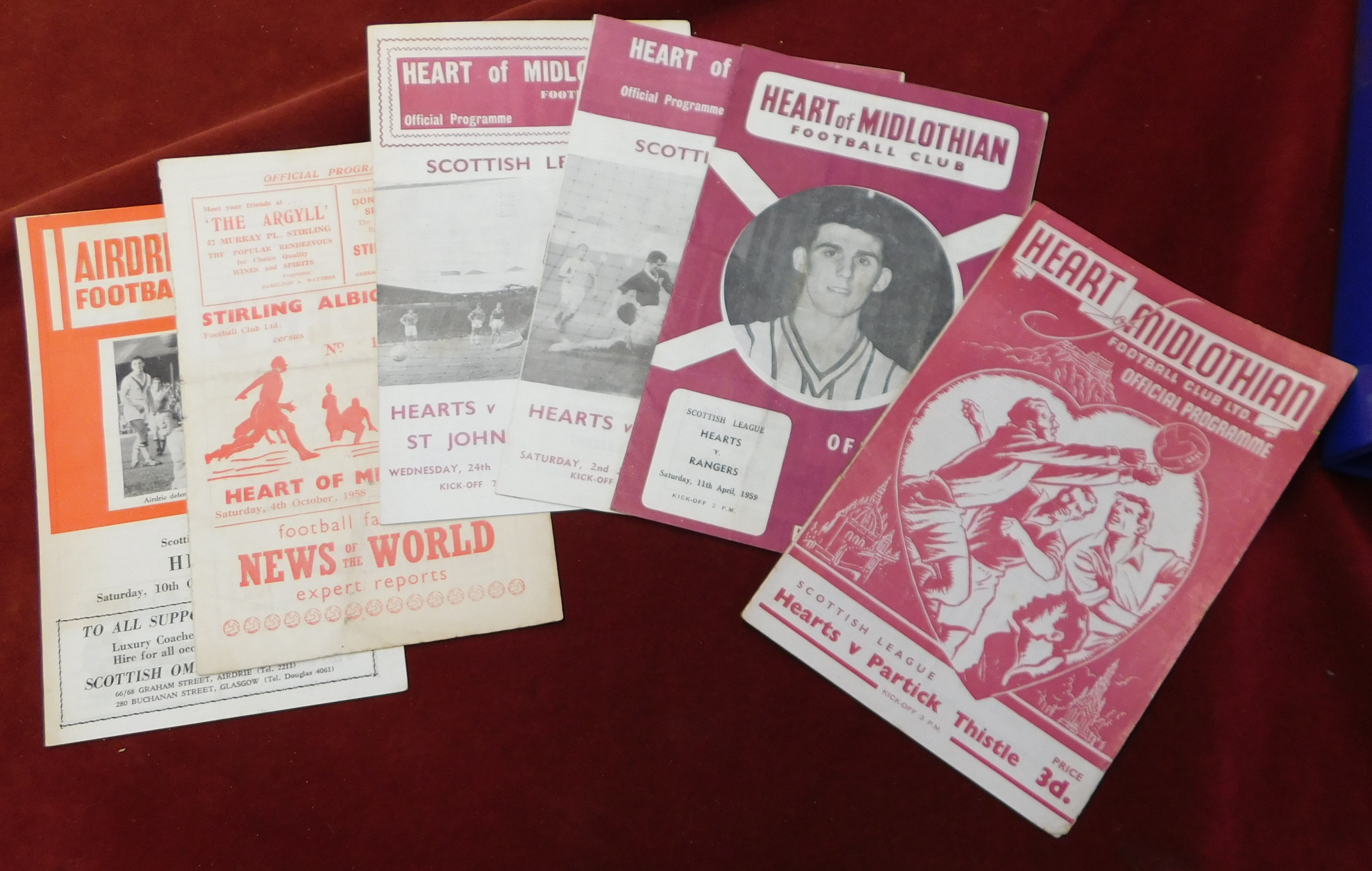 A collection of 6 Hearts programmes. 4 Homes v Partick Thistle 1952/53, Rangers 1958/59, Celtic