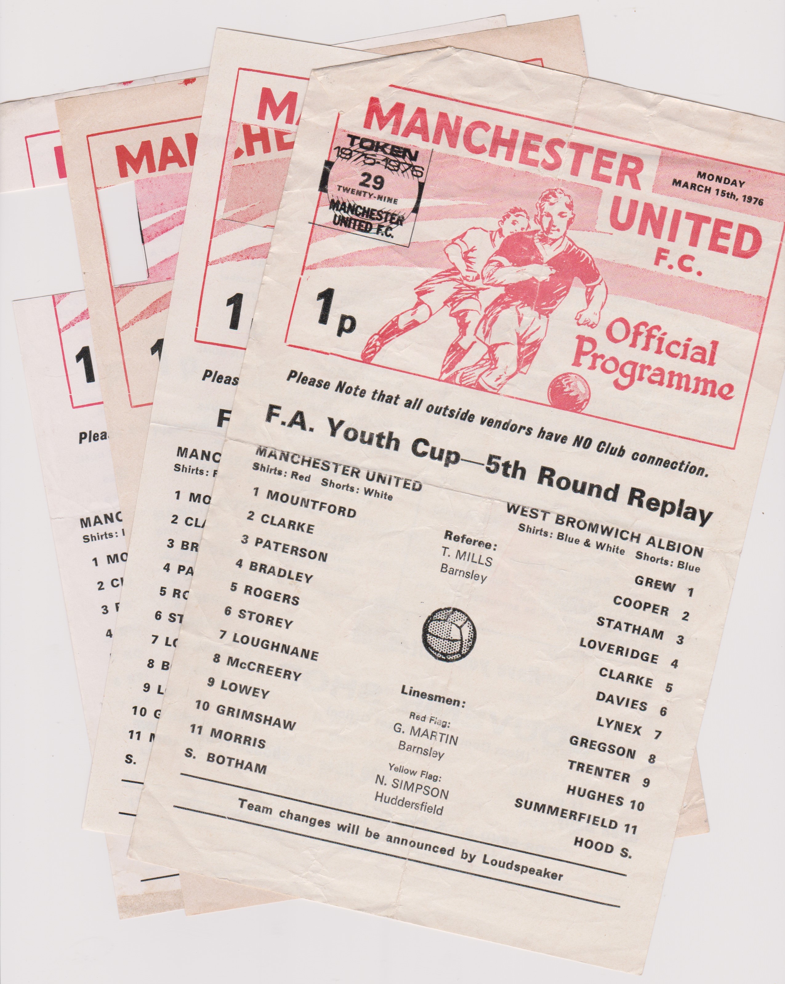 A collection of 4 Manchester United single sheet home programmes from the FA Youth Cup in season