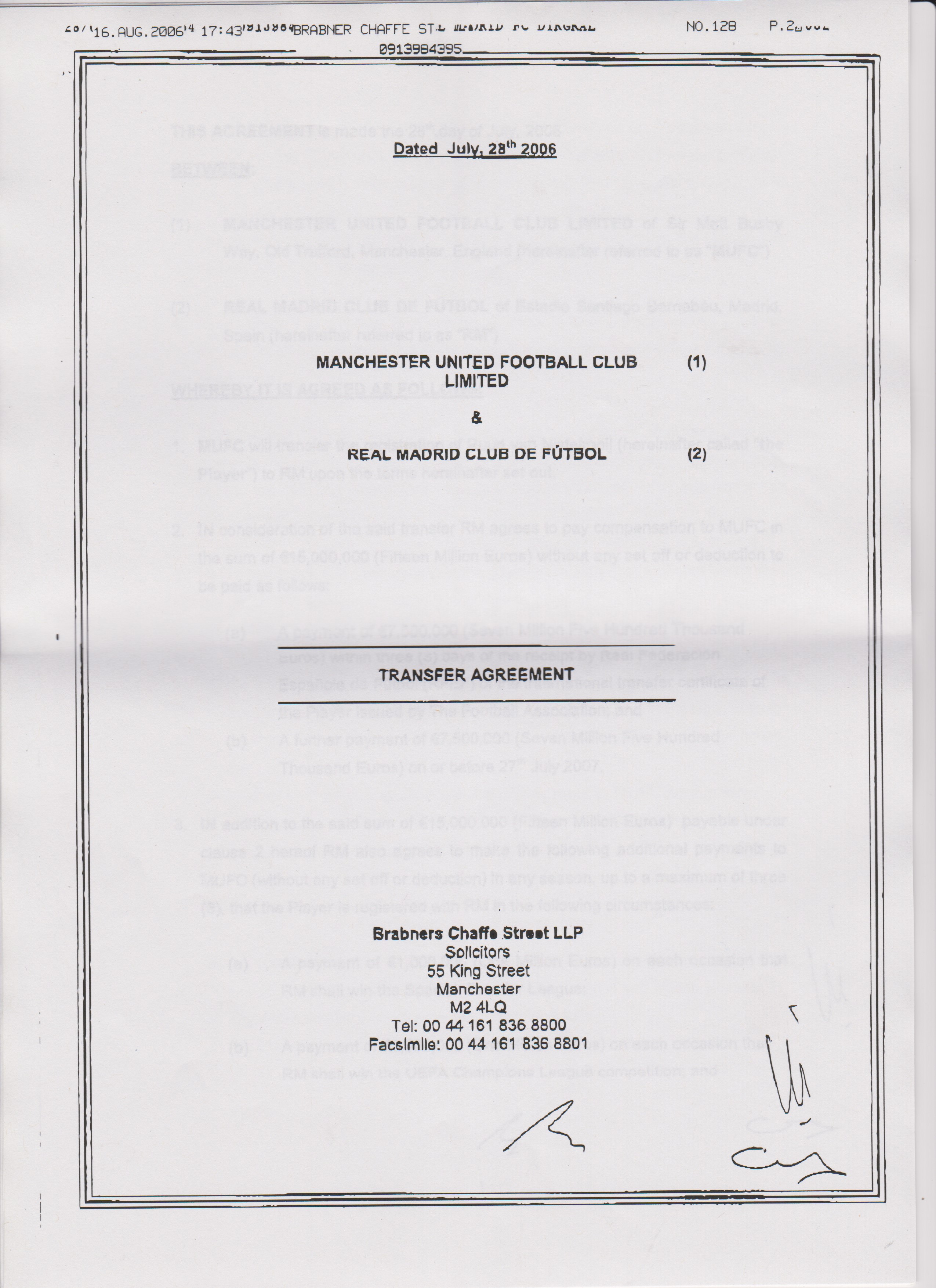 The original fax of the contract received by Manchester United from Real Madrid of the transfer of