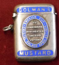 A metallic Vesta case with Colman's Mustard advertising on it dated April 24th 1909 commemorating