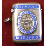 A metallic Vesta case with Colman's Mustard advertising on it dated April 24th 1909 commemorating