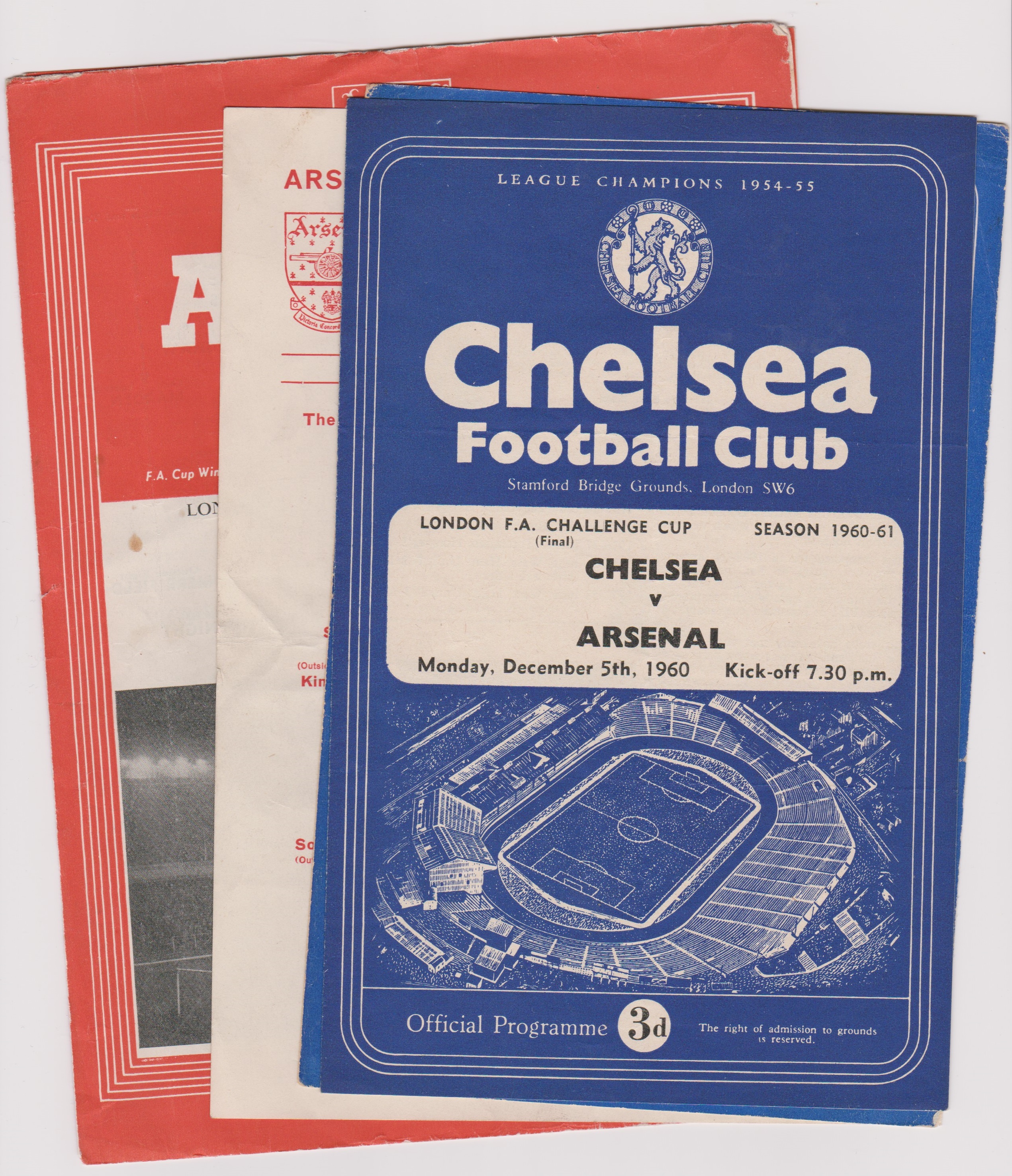 Arsenal v Chelsea match programmes all in the London Challenge Cup. At Highbury Final Replay 1953/