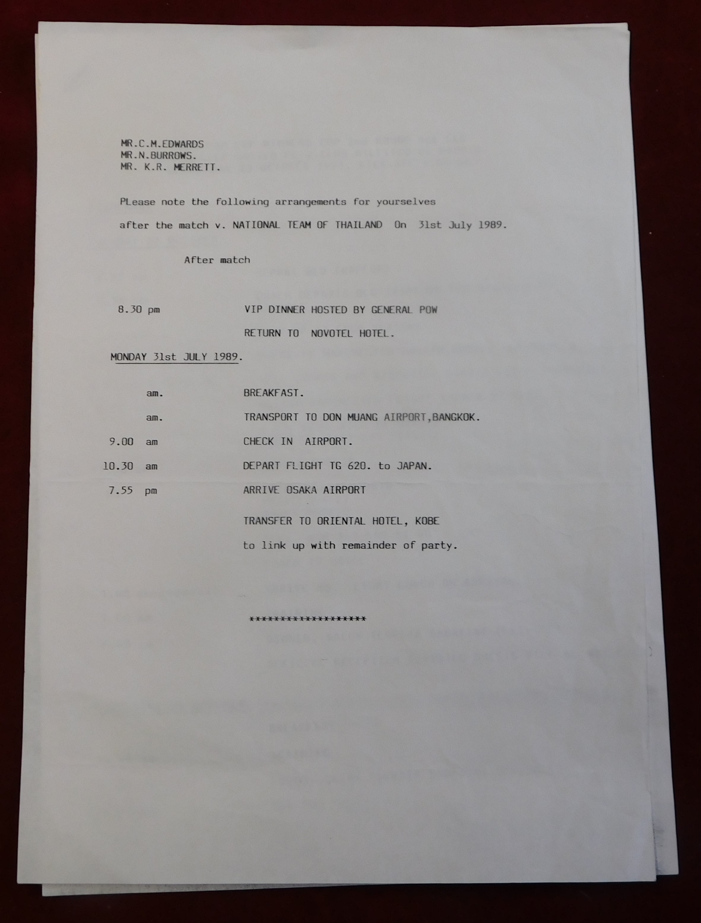 Typed itineraries and programme of arrangements for Directors of Manchester United for overseas - Image 2 of 3