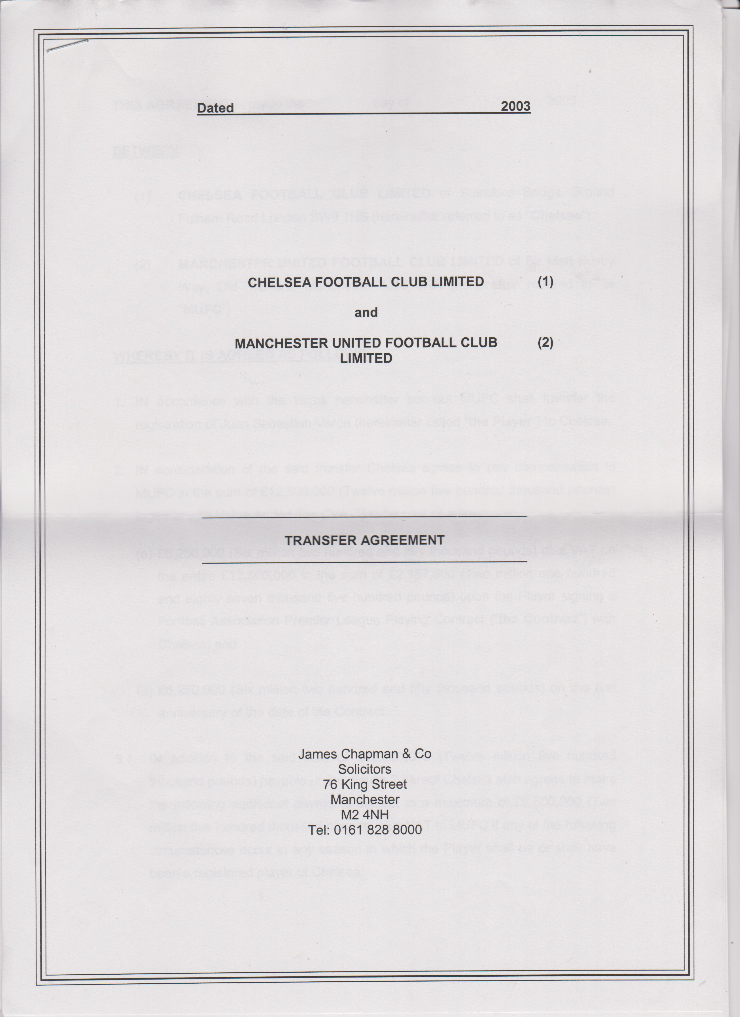 The original Transfer Agreement between Chelsea and Manchester United 6th August 2003 for the sale