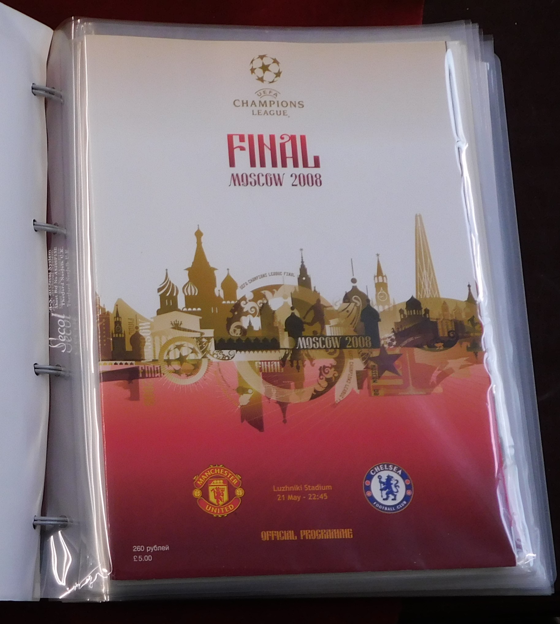 A binder of items chronicling Manchester United's Champions League victory over Chelsea in Moscow on