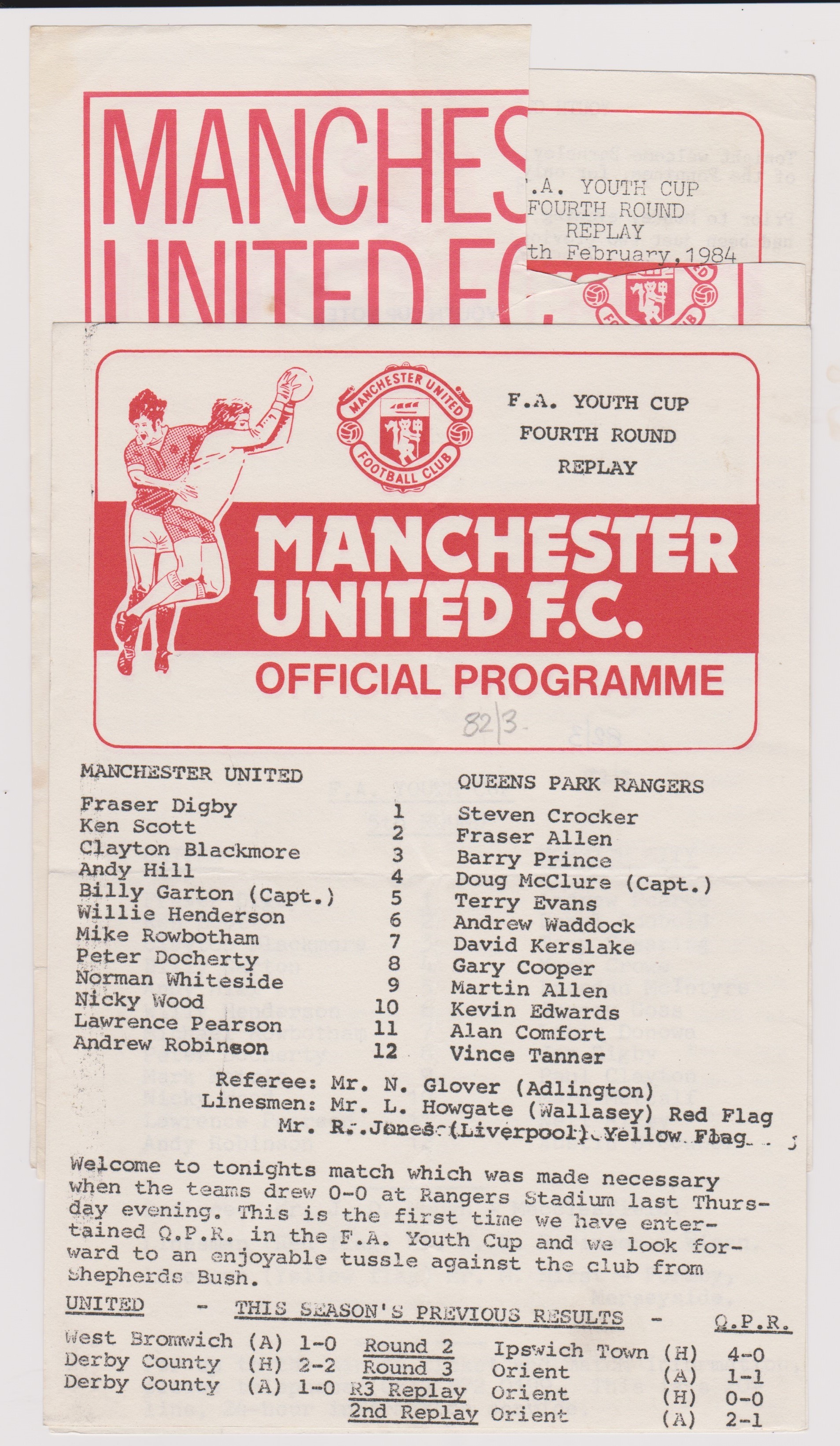 A collection of 4 Manchester United single sheet home programmes from the FA Youth Cup in season