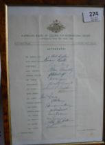 Signed framed signatures of the entire 1964 Australian cricket team (17 players) that toured England