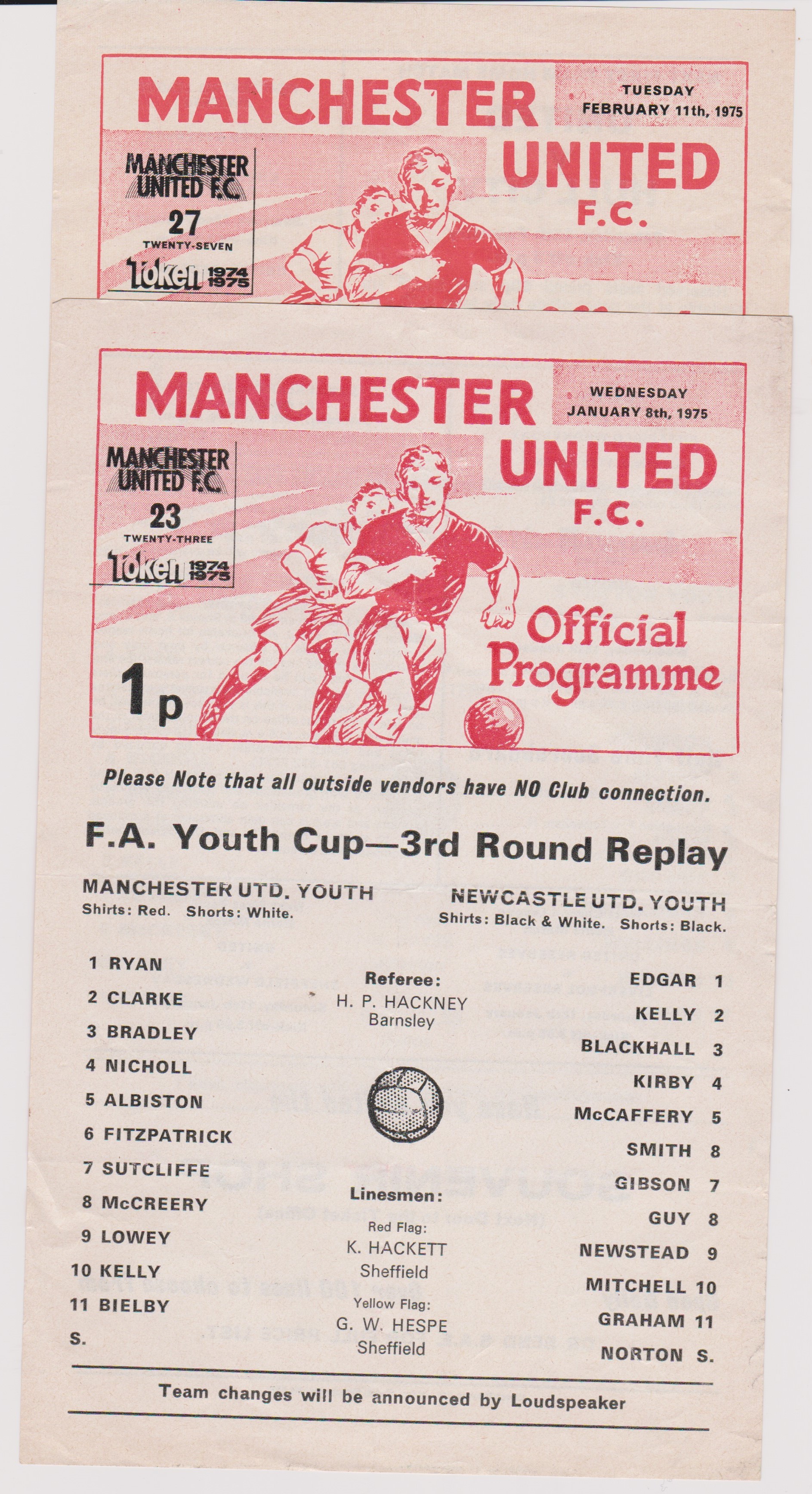 A collection of 2 Manchester United single sheet home programmes from the FA Youth Cup in season