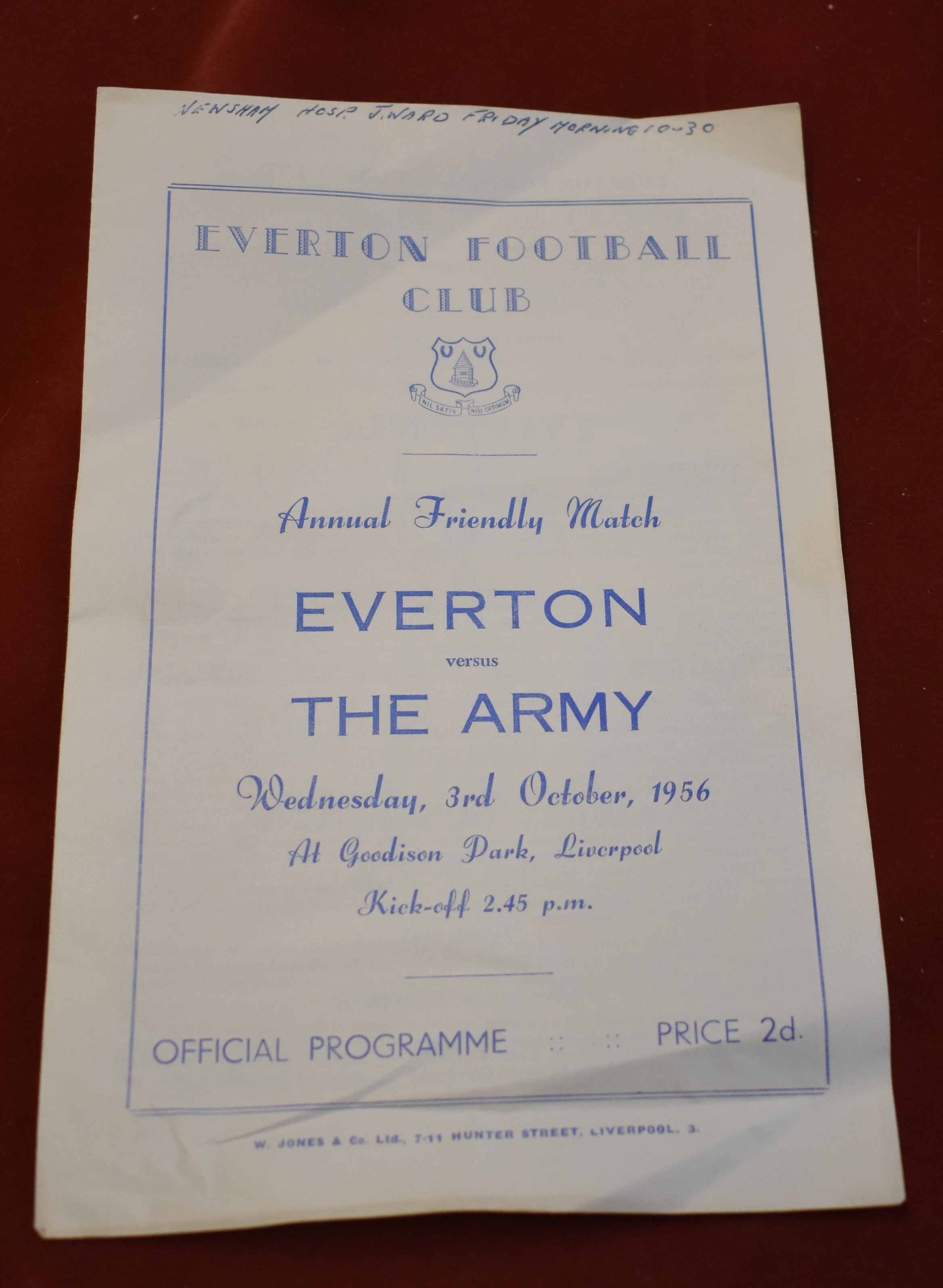 Everton v The Army Annual Friendly match 4 Page programme at Goodison Park 3rd October 1956. The