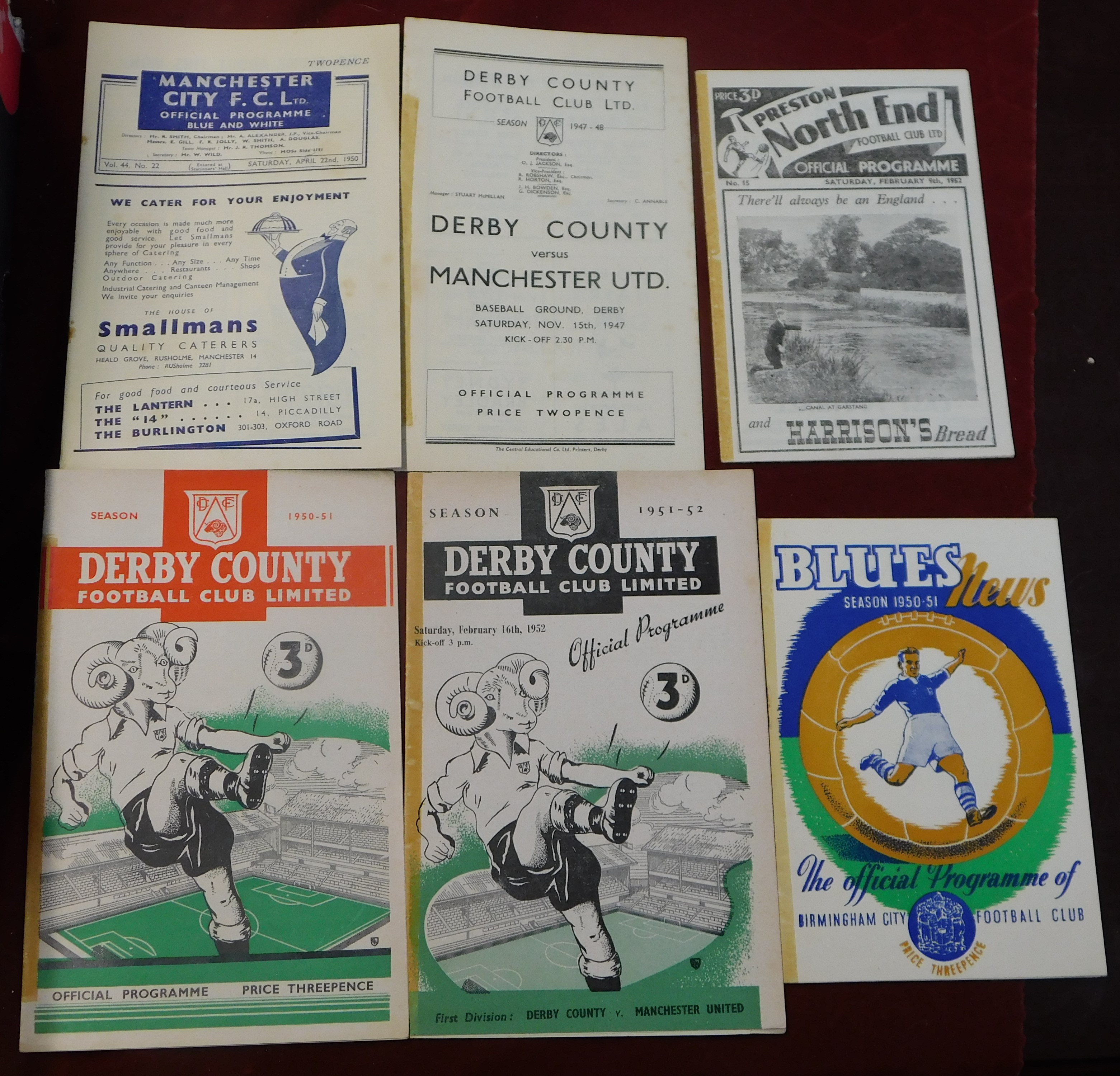 A collection of 6 Manchester United away programmes at Derby County 1947/48 (tape mark at spine,