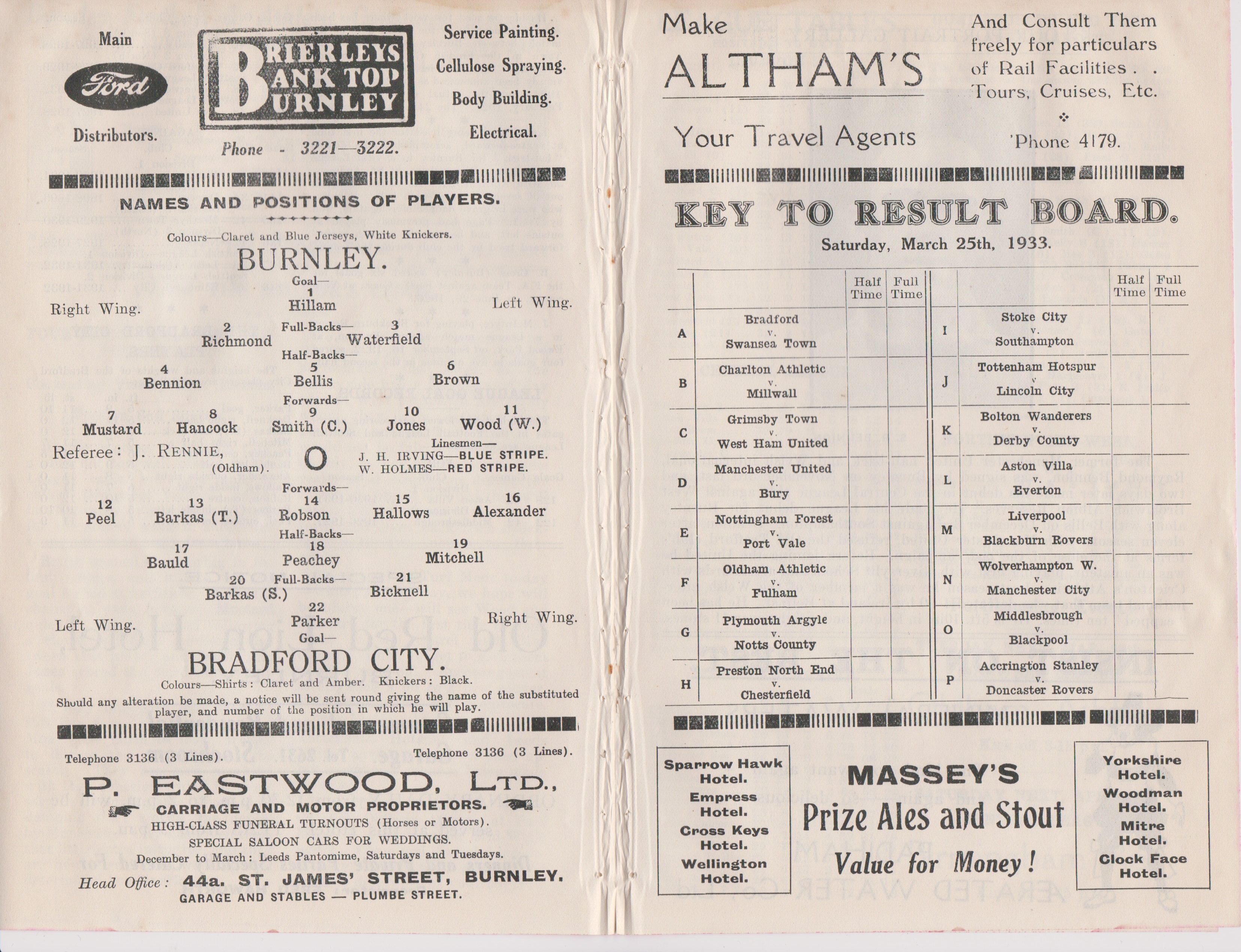 Programme Burnley v Bradford City March 25th 1933. Ex Bound Volume. No writing. Generally good - Image 2 of 2