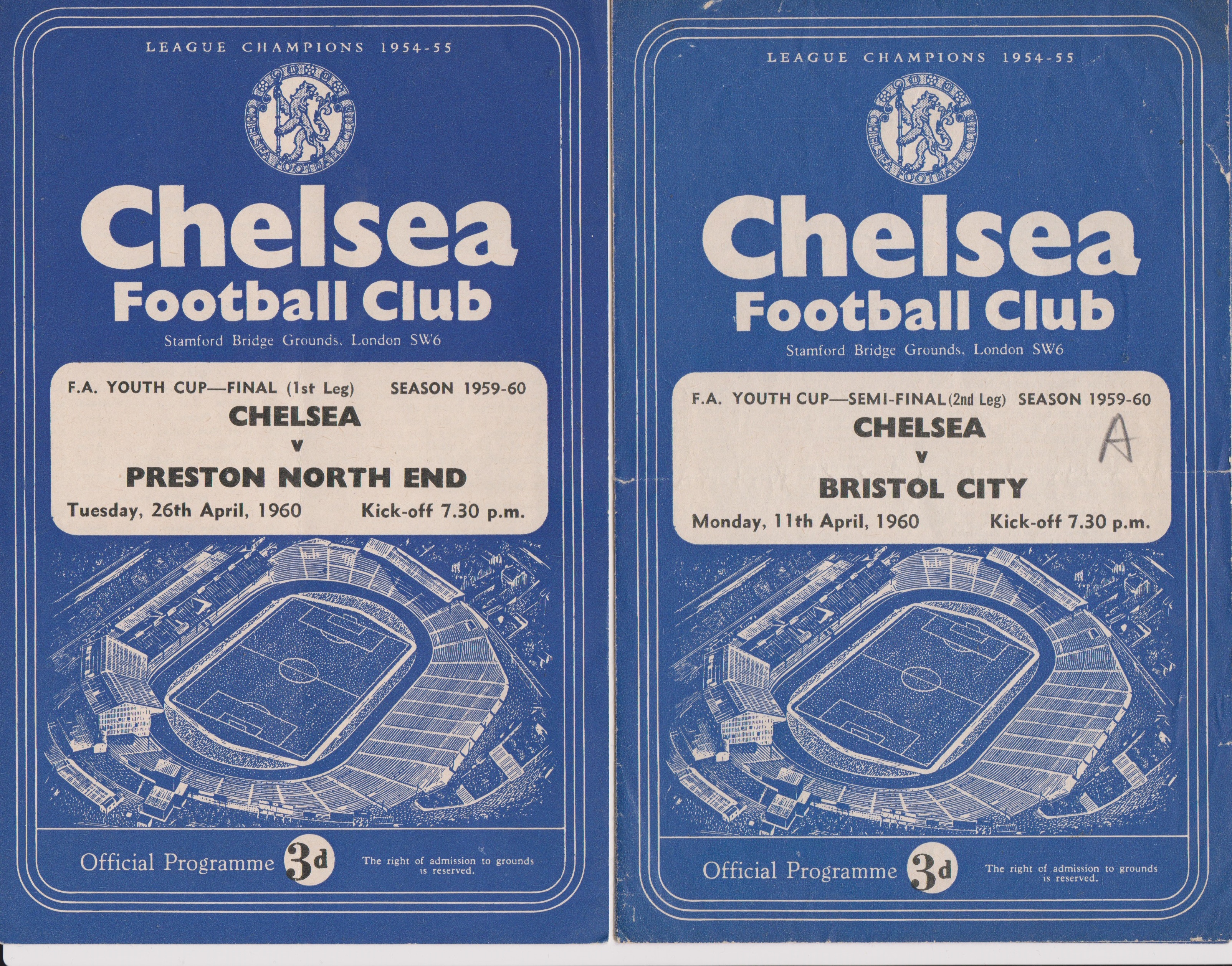 Chelsea home programmes (all 4 Pagers) from their winning FA Youth campaign in 1959/60 v Aston Villa