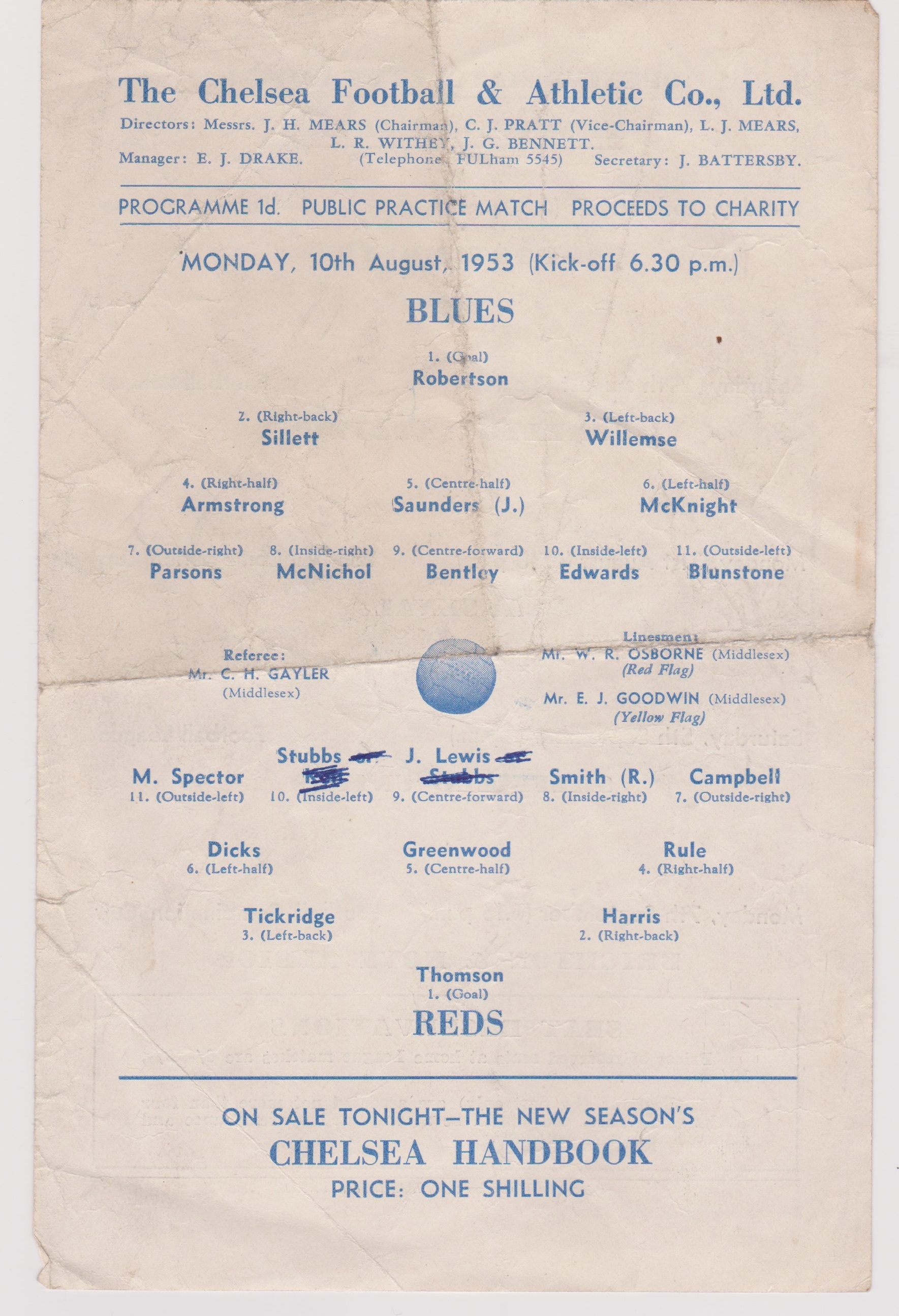 Chelsea practice match Blues v Reds at Stamford Bridge 10th August 1953. Single sheet programme.