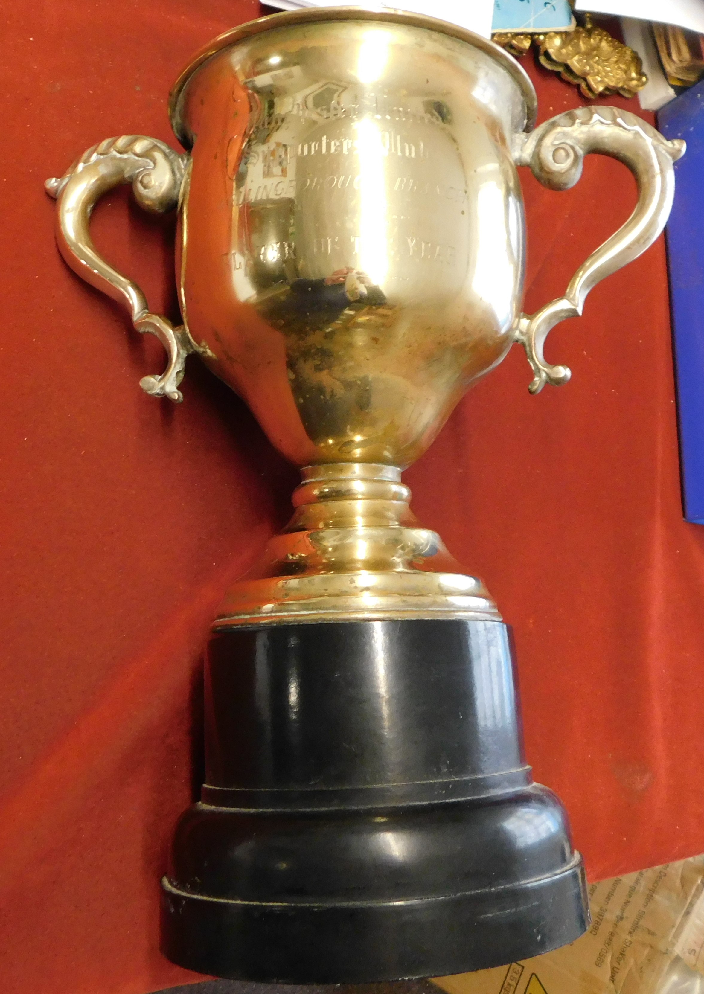 A 38cm high engraved trophy presented to the Manchester United Player of the Year by the