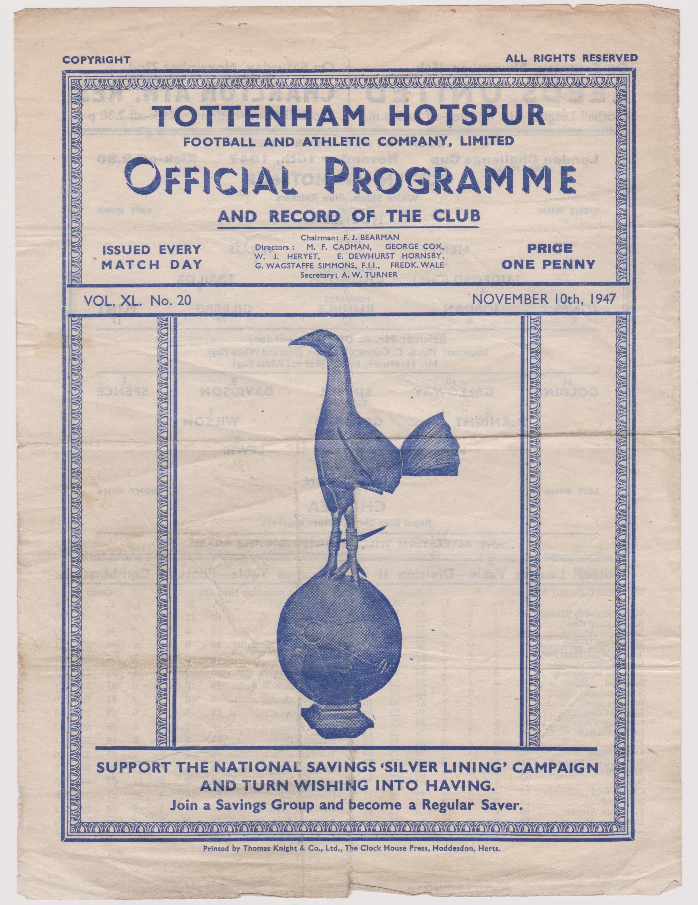 Tottenham Hotspur v Chelsea London Challenge Cup Semi Final at White Hart Lane 10th November 1947.