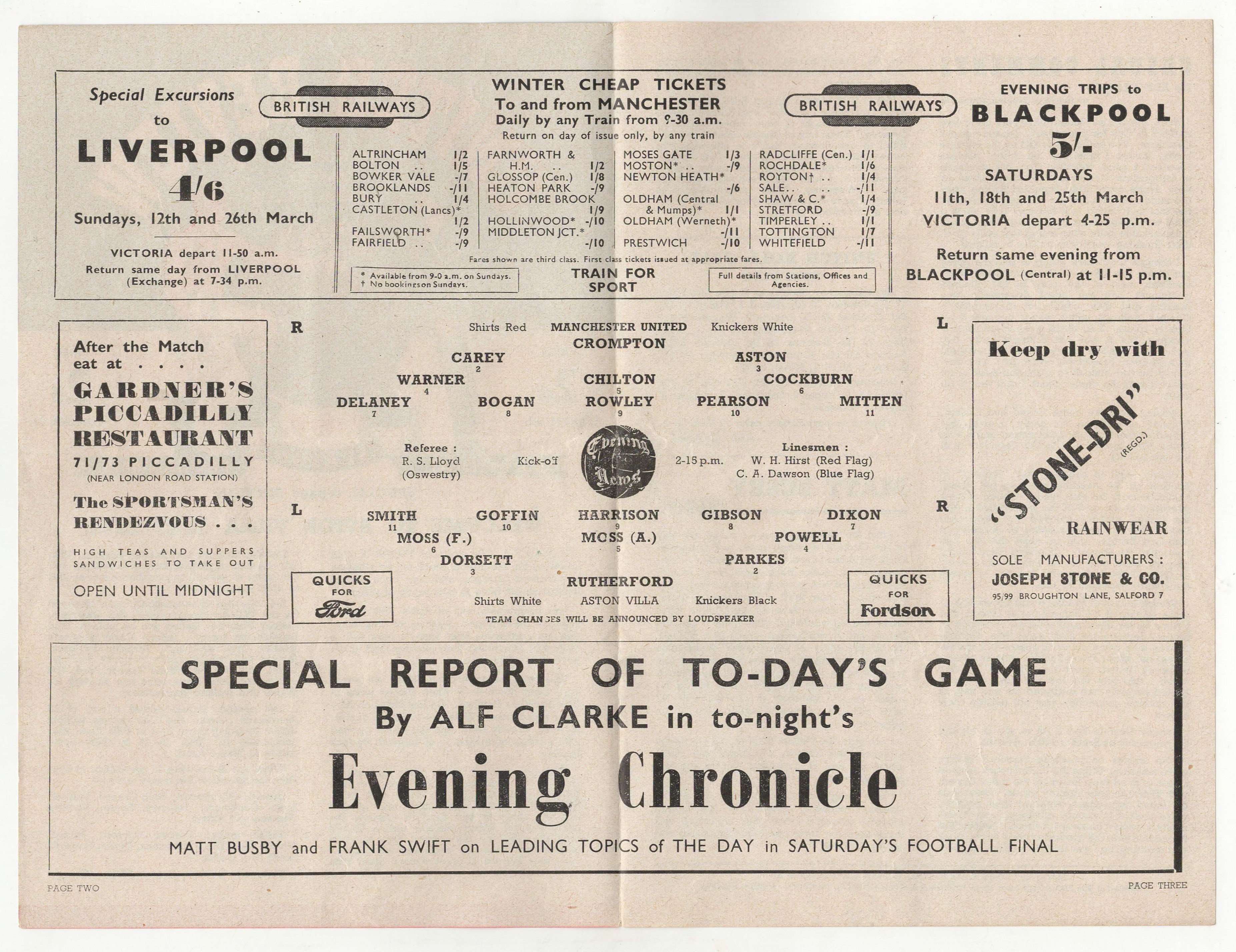 4 Page League programme Manchester United v Aston Villa March 8th 1950. Scarce - Image 2 of 2