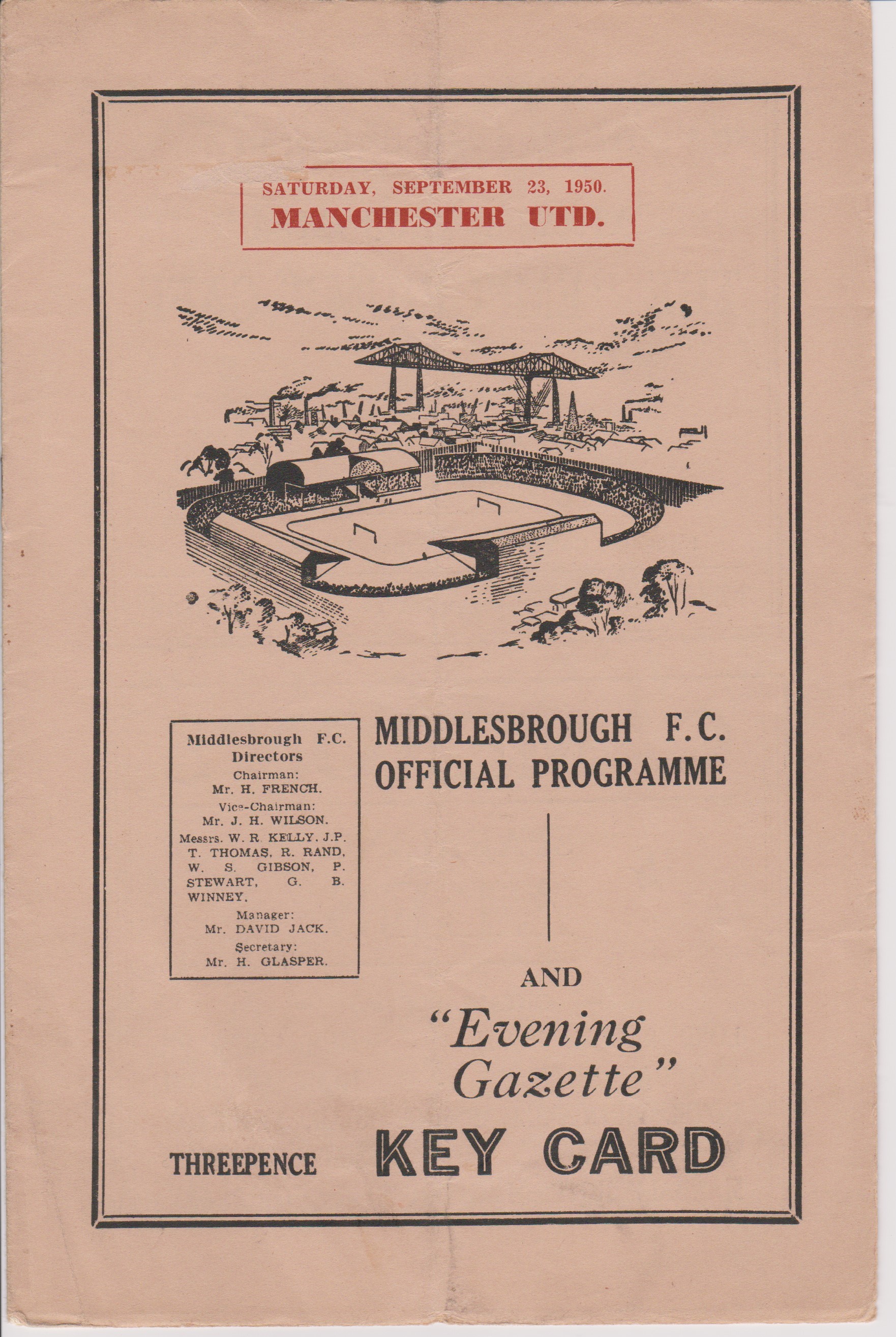 Programme Middlesbrough v Manchester United 23rd September 1950. No writing. Very light vertical