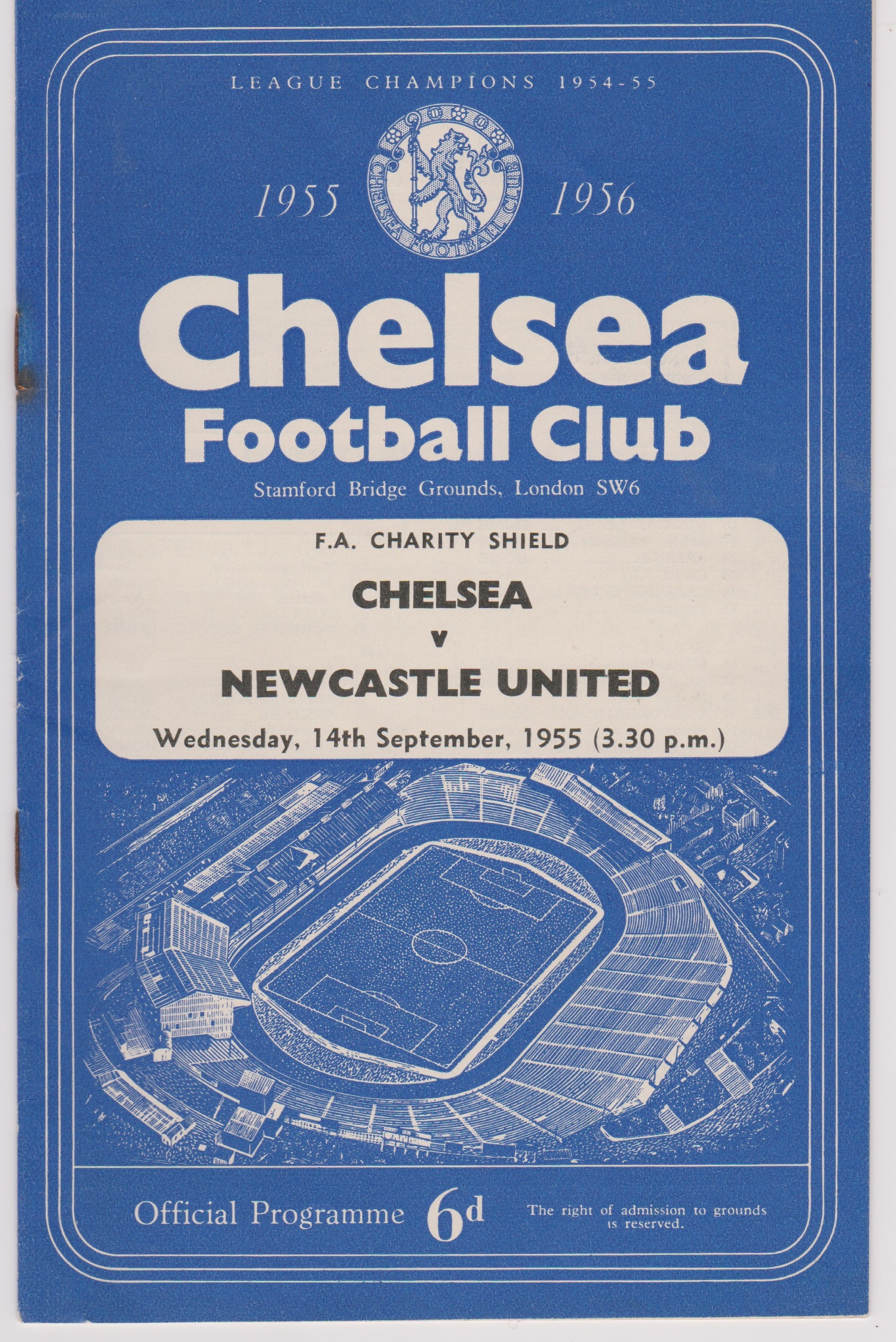 Charity Shield programme Chelsea v Newcastle United played at Stamford Bridge 14th September 1955.