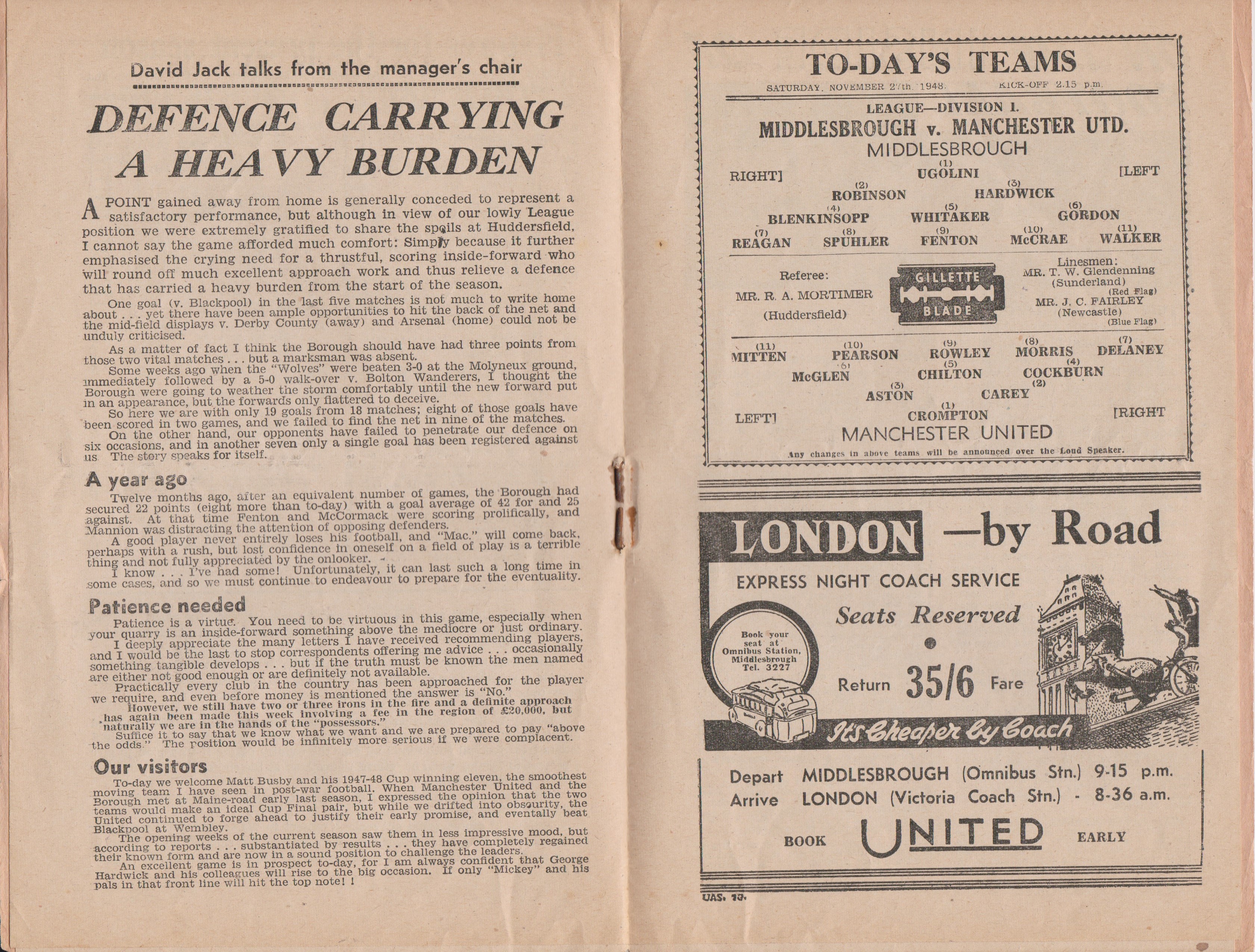 Programme Middlesbrough v Manchester United 27th November 1948. No writing. Good - Image 2 of 2