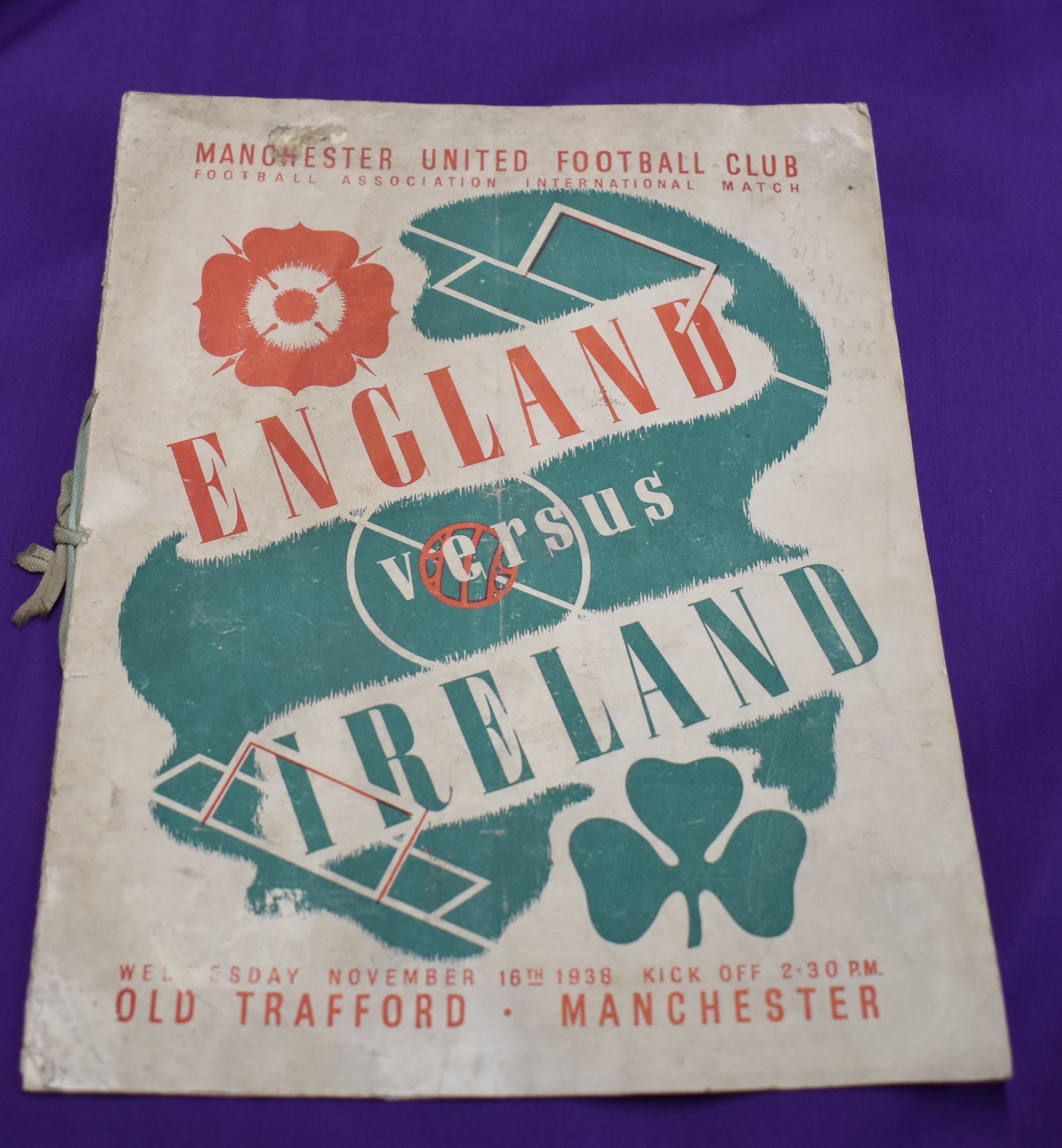 Programme England v Ireland at Old Trafford, Manchester United 16th November 1938. Comes with
