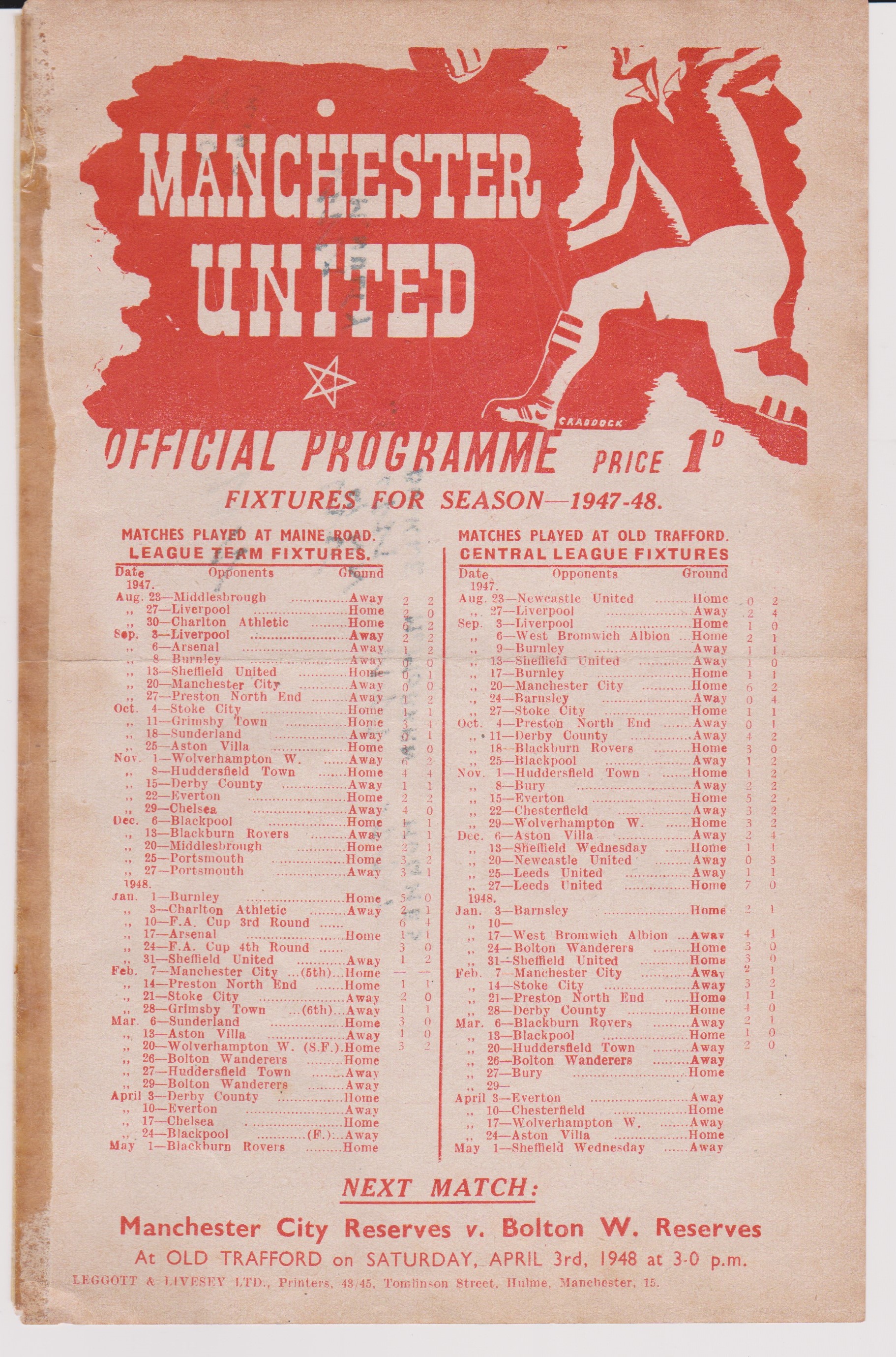 Single sheet programme Manchester United Reserves v Bury Reserves 27th March 1948. Tape at spine